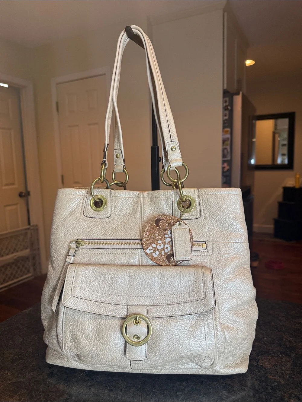 Coach Penelope Champagne Metallic Leather Shoulder Tote with Gold Hardware